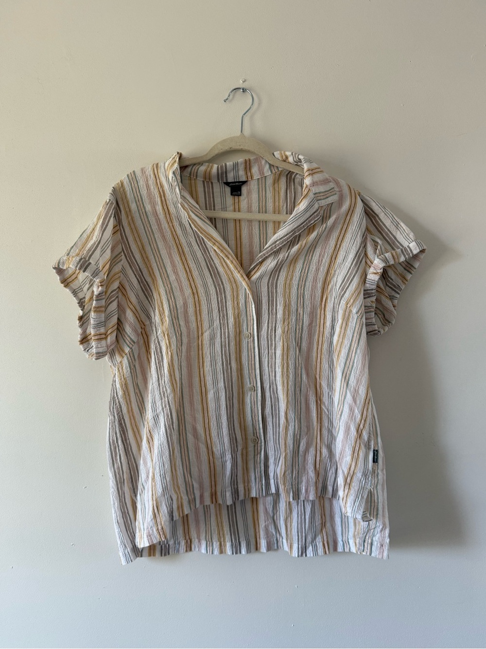Eddie Bauer Striped Crinkle Button Front Blouse Coastal Grandma Cottagecore 1X